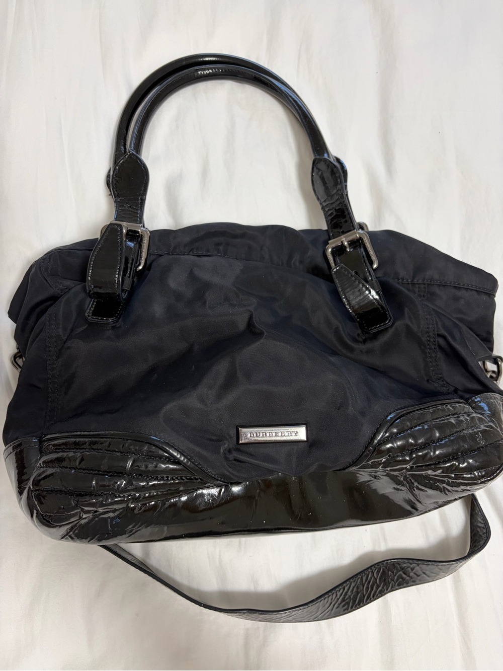 Burberry Black Nylon Shoulder Bag with Patent Leather Trim